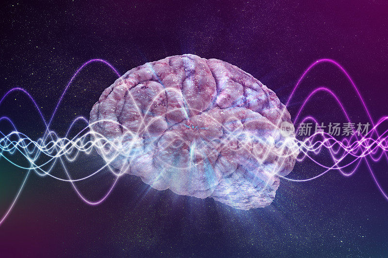 意识的概念。背景中的脑电波和信号波。3 d渲染插图。